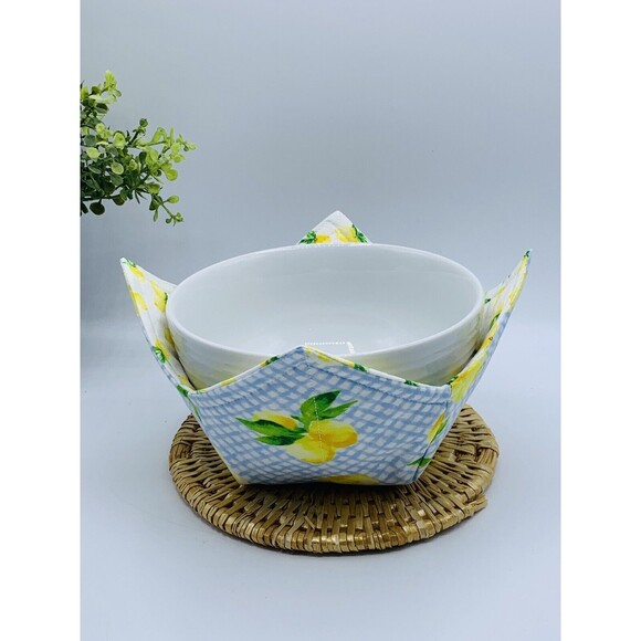Microwave Bowl Cozy Reversible, Lemons On Blue Gingham, 3 Piece Set - Picture 3 of 9